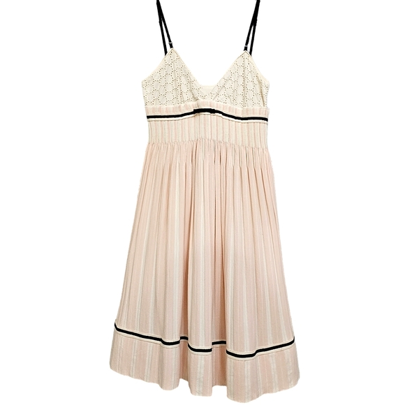 Anthropologie Coven Vanilla Pink Stripe Knit Ruched Waist w/Eyelet Midi Dress - Picture 3 of 17